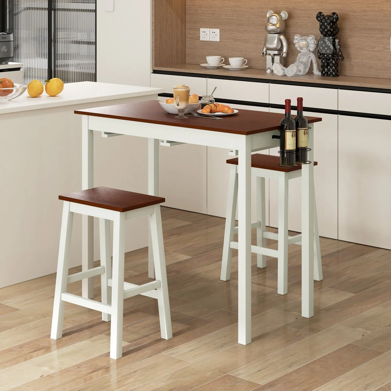 Costway 3Piece Bar Table Set Kitchen Counter Height Pub Table W/Bar Stools SpaceSaving in White 3