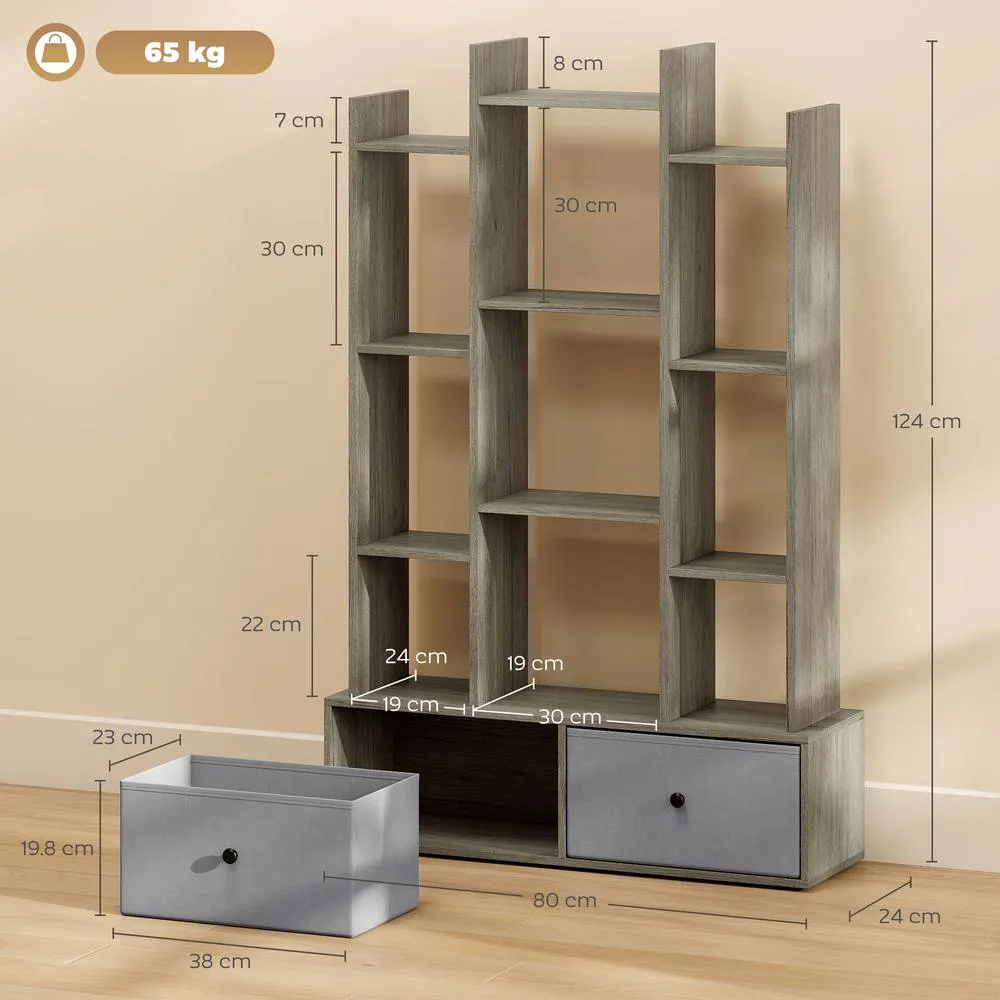 HOMCOM 12-Tier Bookshelf, Bookcase w/ 2 Folding Drawer, Graphite Wood Effect in Grey 3