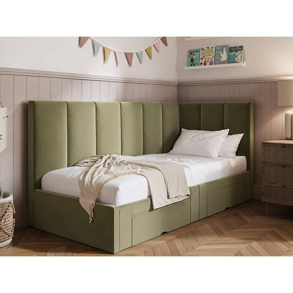 Flair Harley Corner Fabric Bed Frame with Storage Drawers in Green 1