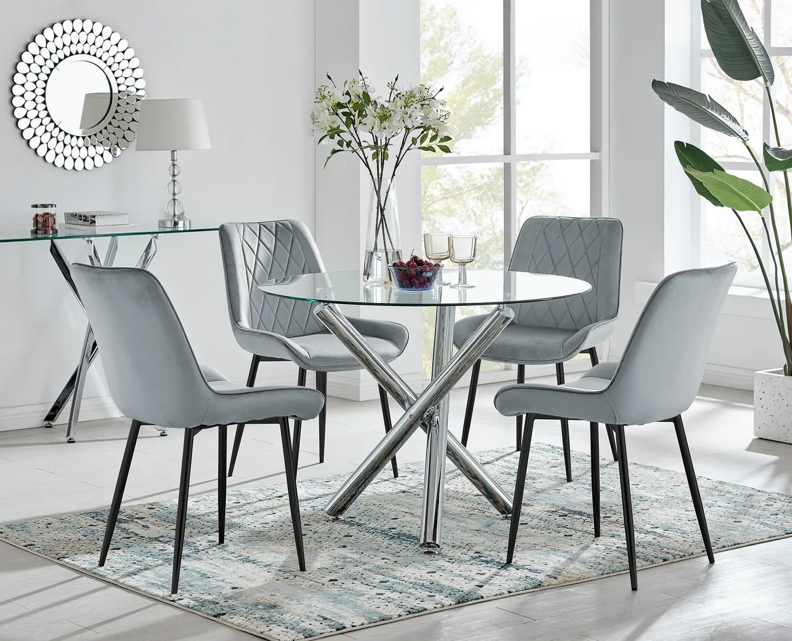 FurnitureboxUK Selina Round Glass Chrome Leg Dining Table & Pesaro Black Leg Chairs in Grey 1