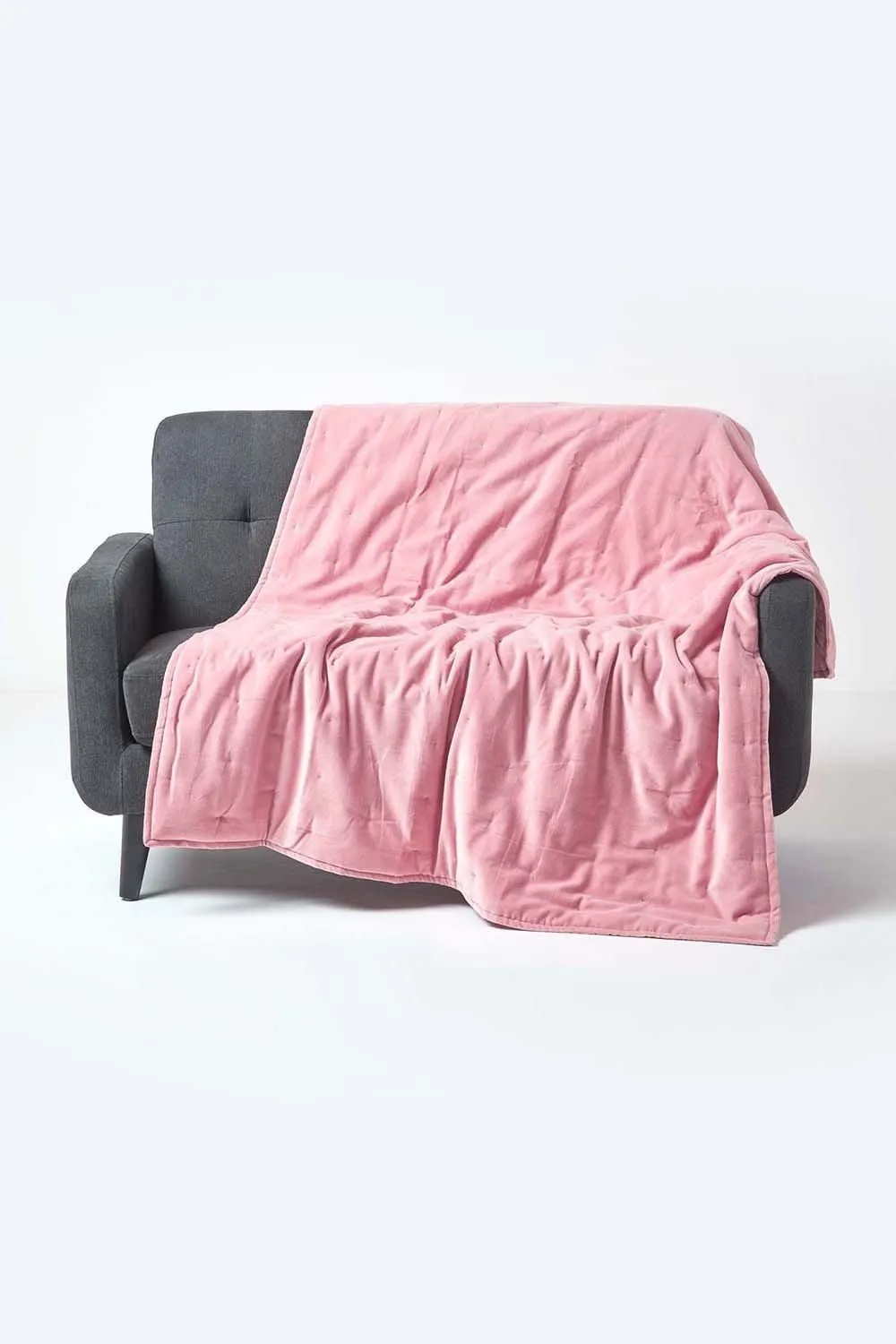 Homescapes Velvet Quilted Throw 100% Cotton, Soft & Luxurious Blanket in Pink