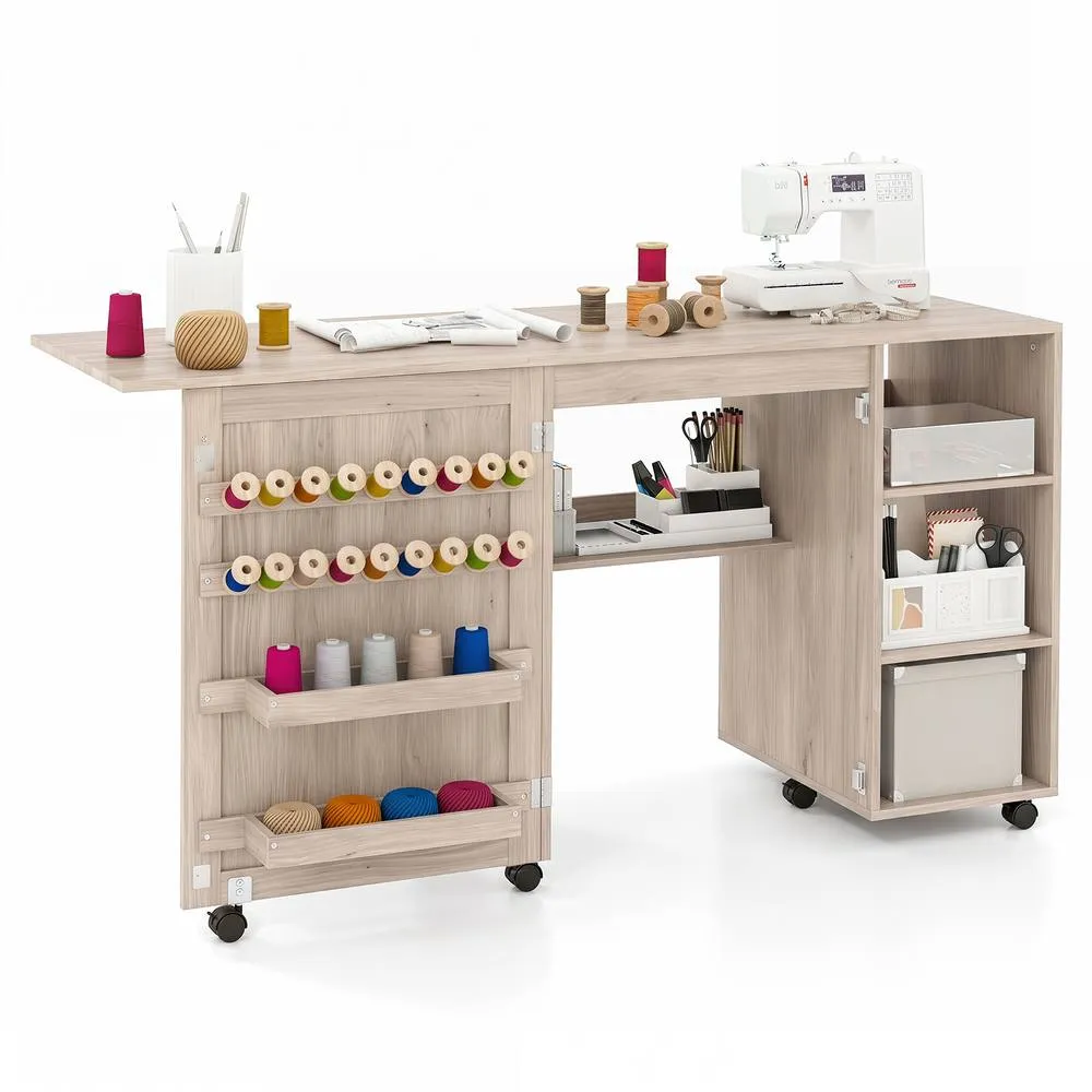Costway Folding Sewing Table Rolling Sewing Machine Craft Station w/18 Pegs in Natural