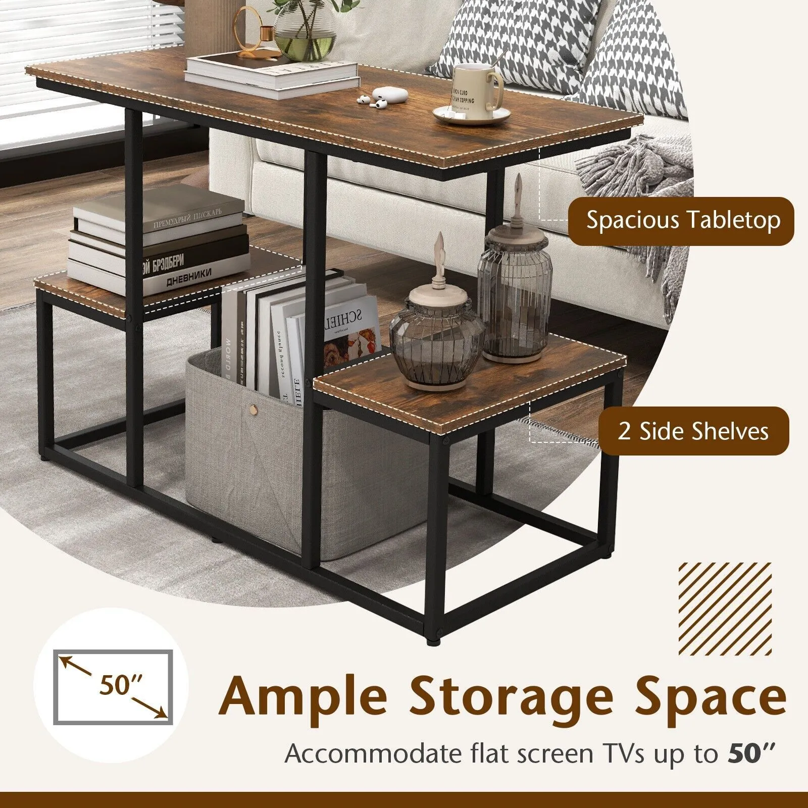 Costway Rustic TV Console Table for 50 Inches TVs Industrial Sofa Table Rack in Brown 4