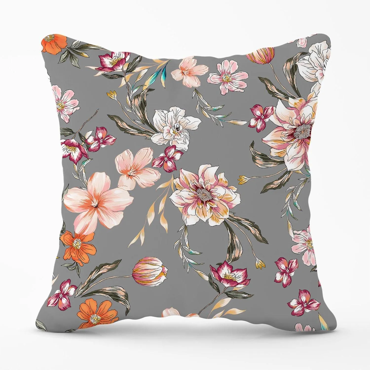 Warren Reed - Designer Peony, Lily, Tulip, Daisy Colorful On Grey Background Outdoor Cushion