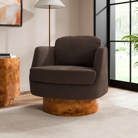 Tova Velvet Swivel Chair with Dark Burl Wood Effect Base 2