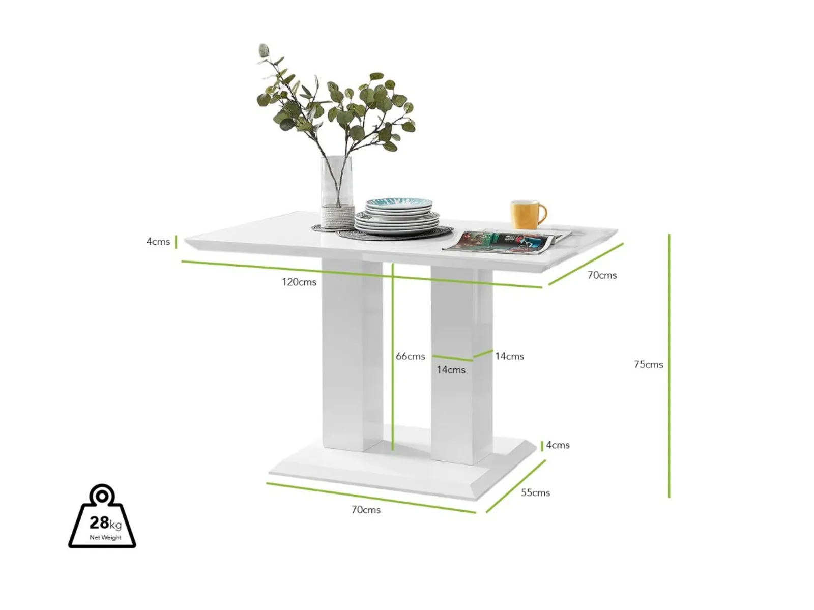 FurnitureboxUK Imperia 120cm 4-Seater Modern High Gloss Pillared Dining Table in White 6