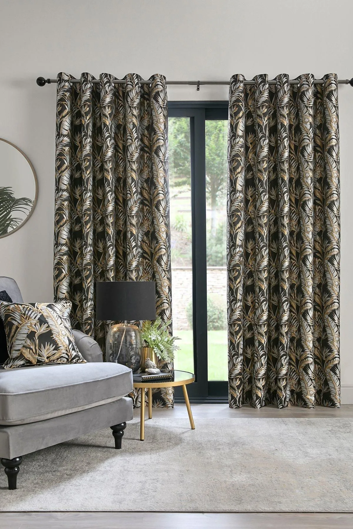 Laurence Llewelyn-Bowen 'Paradise Palm' Jacquard Palm Leaf Pair of Eyelet Curtains in Black 1
