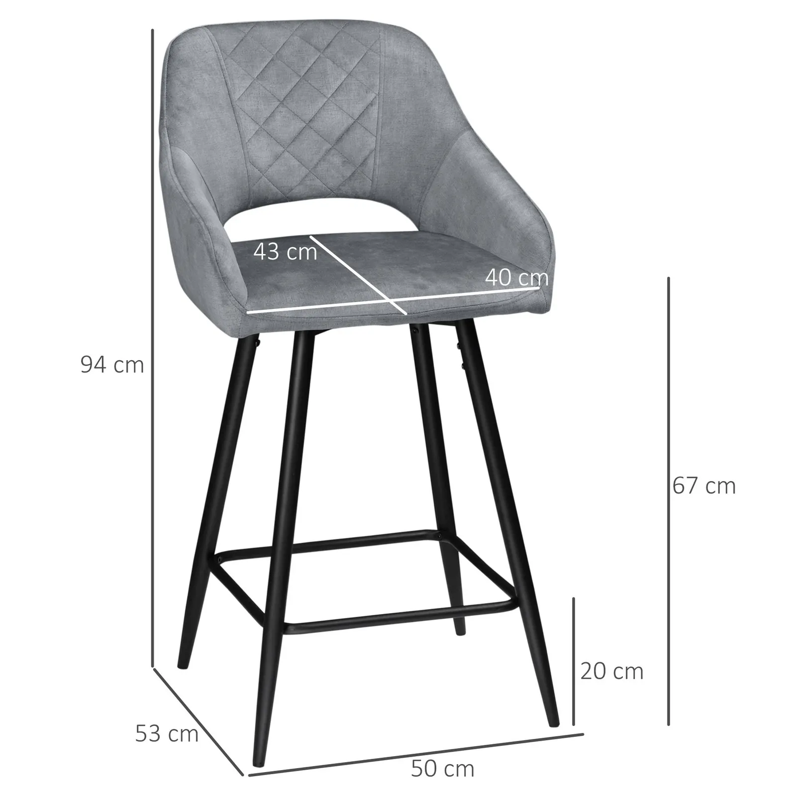 HOMCOM Stools Set of 2, Velvet-Touch Fabric Counter Height Bar Chairs in Grey 3