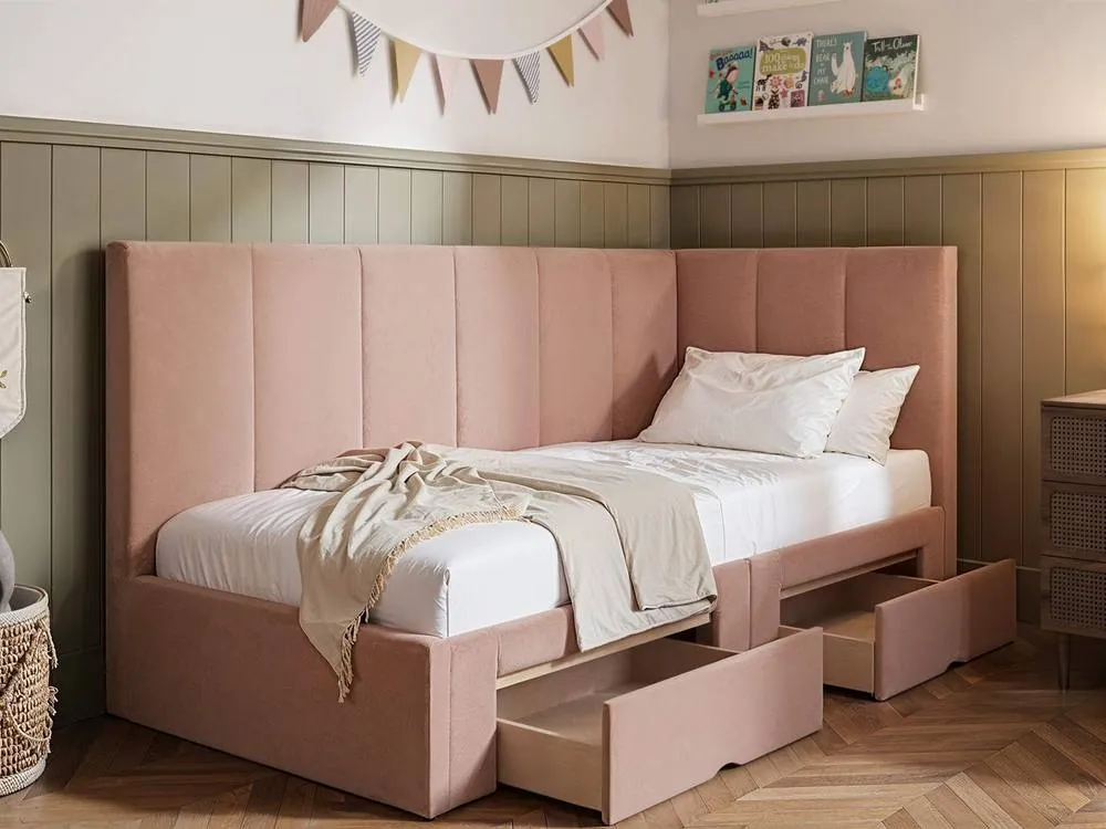 Flair Harley Corner Fabric Bed Frame with Storage Drawers in Pink 2