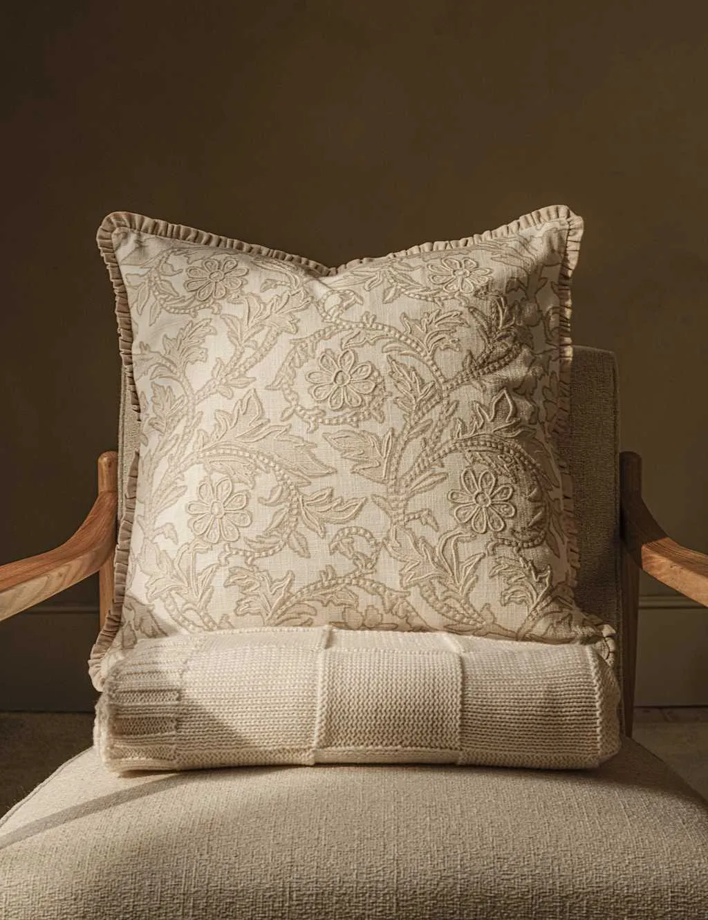 M&S Pure Cotton Floral Embroidered Cushion Natural Mix