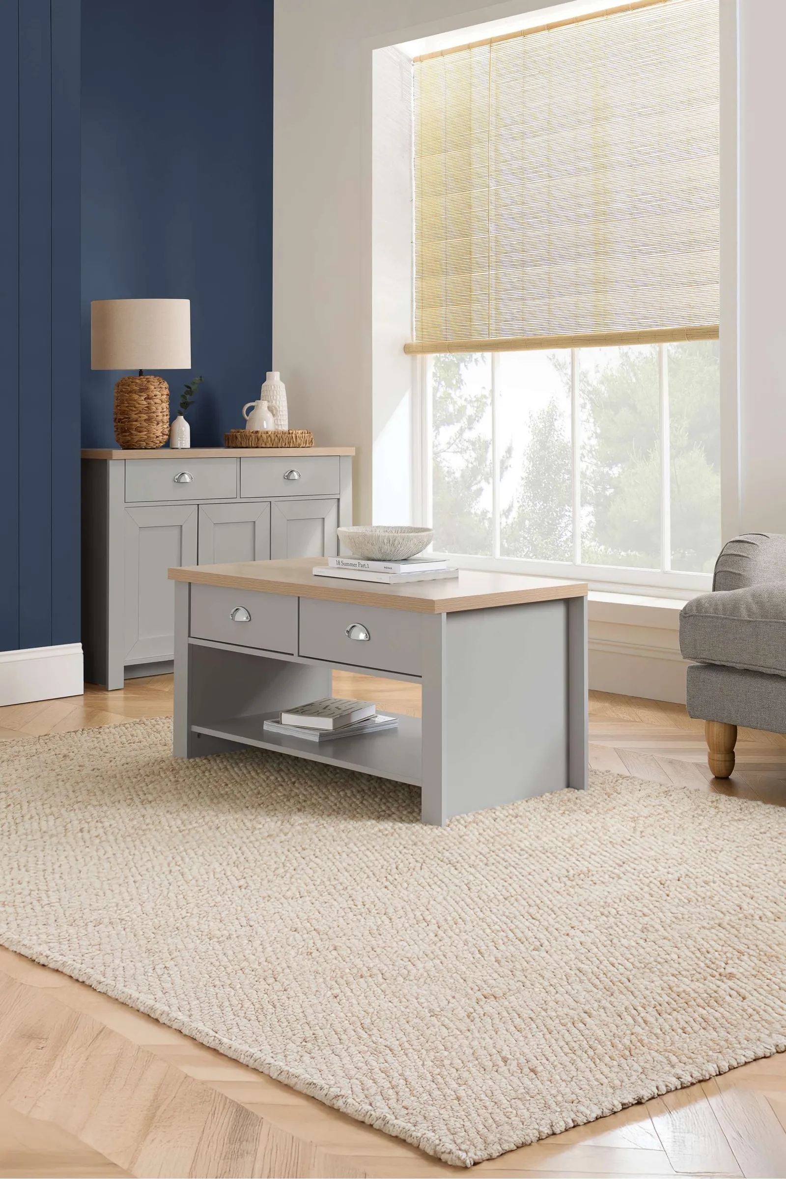 Birlea Coffee Table Blue & Oak Highgate 2 Drawer Farmhouse Shabby Chic in Grey