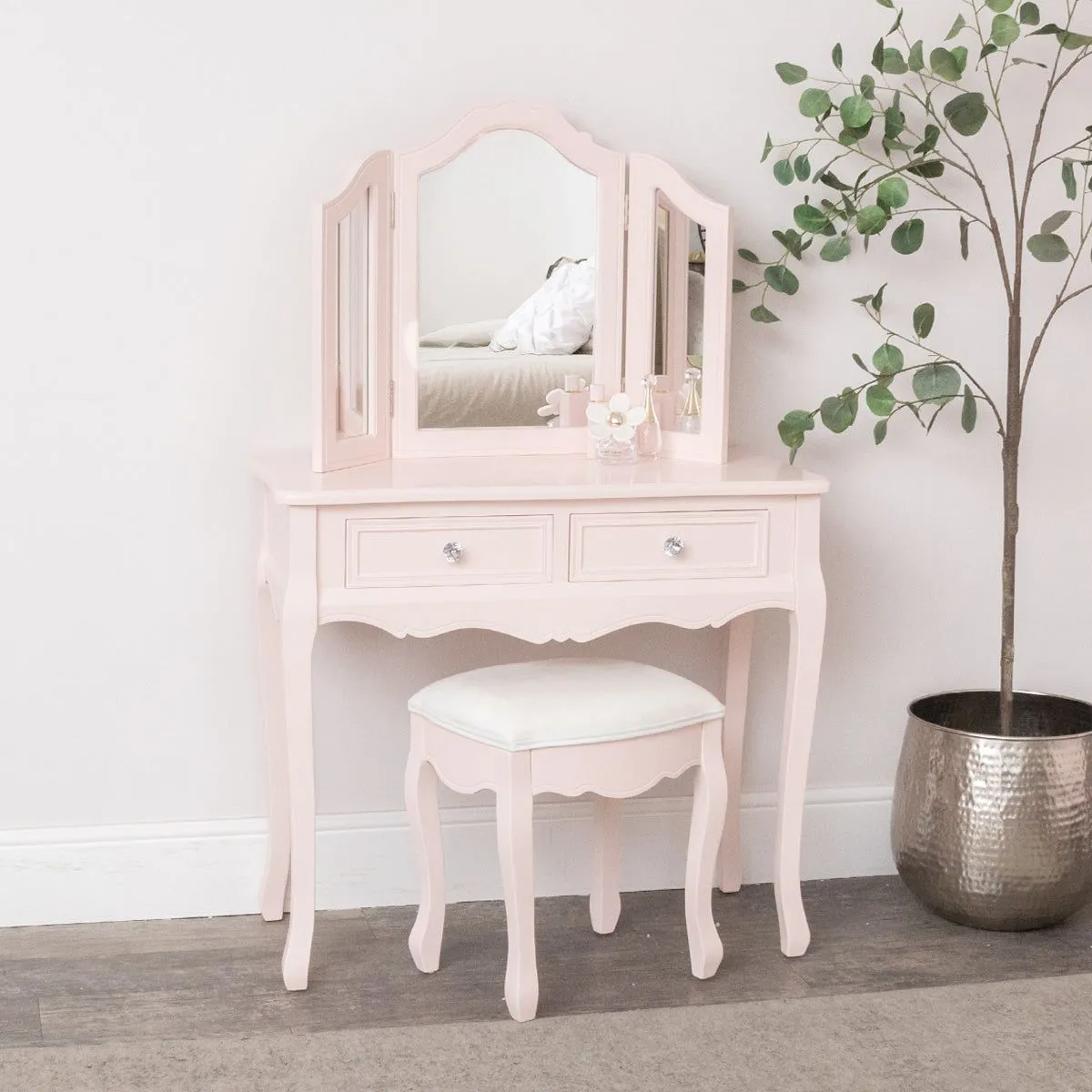 Melody Maison Pink Dressing Table, Mirror, Stool Set - Sophia Pink Range in Pale Pink