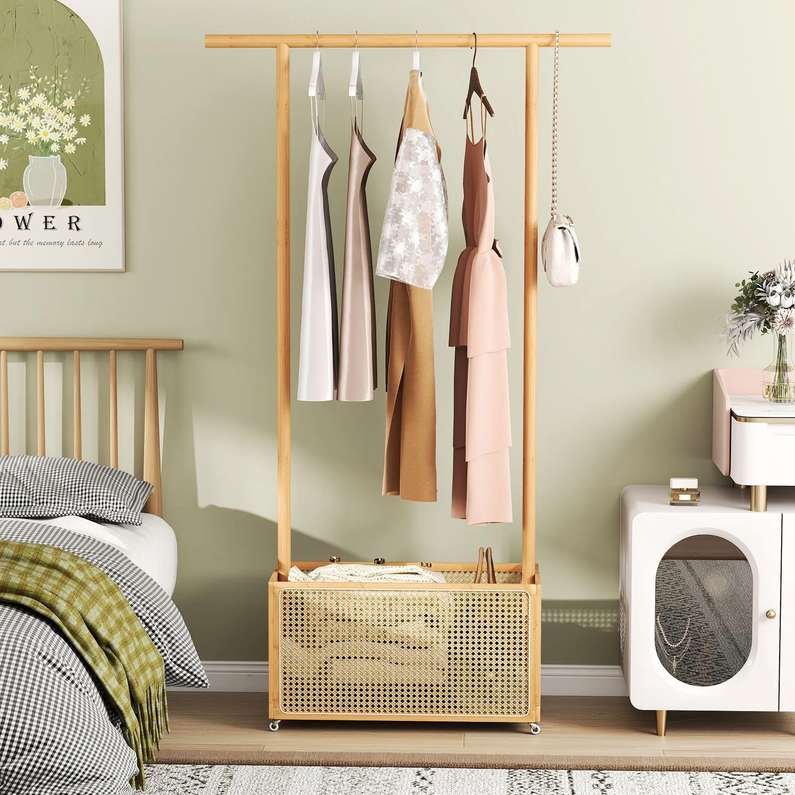 Costway Bamboo Clothes Rack Coat Hanger Stand with Rattan Storage Basket in Natural 3