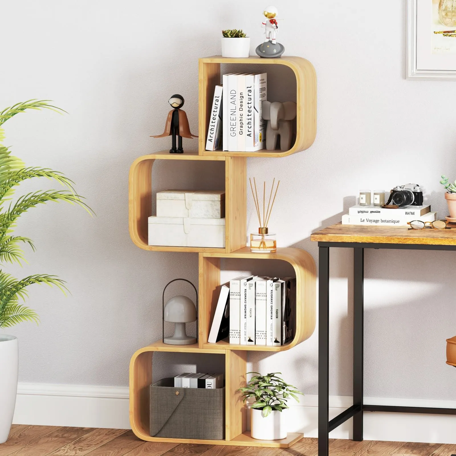 Costway 4-Tier S-Shaped Bookcase Bamboo Bookshelf w/4 Open Cubes in Natural 6