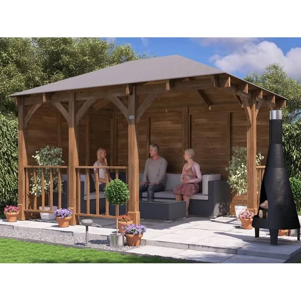 Dunster House Corner Wooden Gazebo 4m x 3m with Roof Shingles - Leviathan in Brown 3