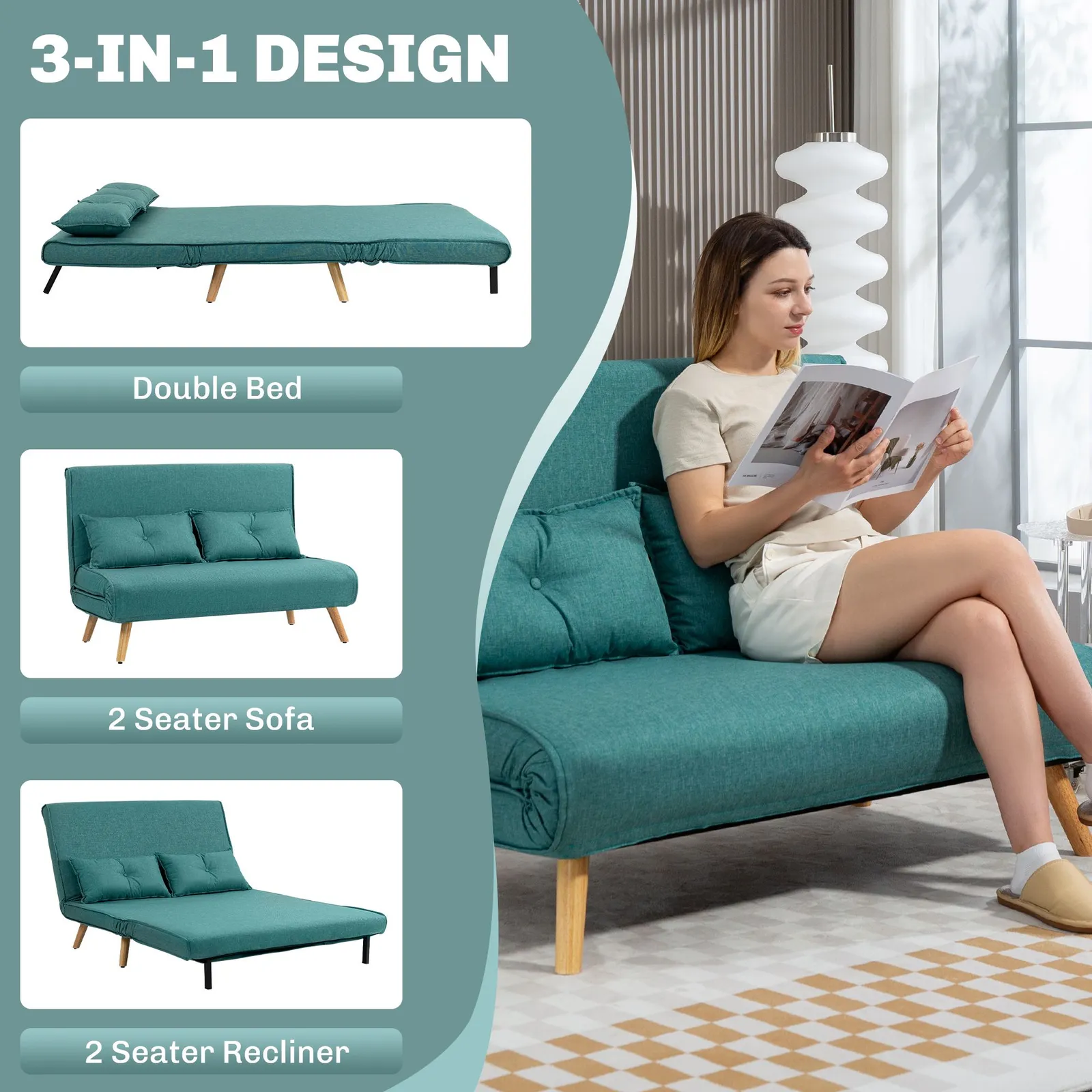 HOMCOM Click Clack Sofa Bed, 2 Seater Bed Settee for Living Room in Green 4