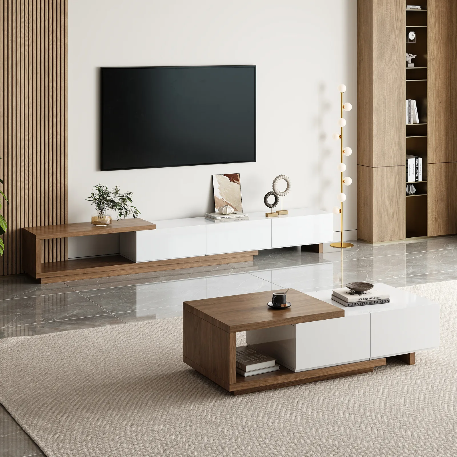 Living Room Cabinet Set 2550 mm Extendable TV Stand & 1750 mm Retracted Coffee Table Set