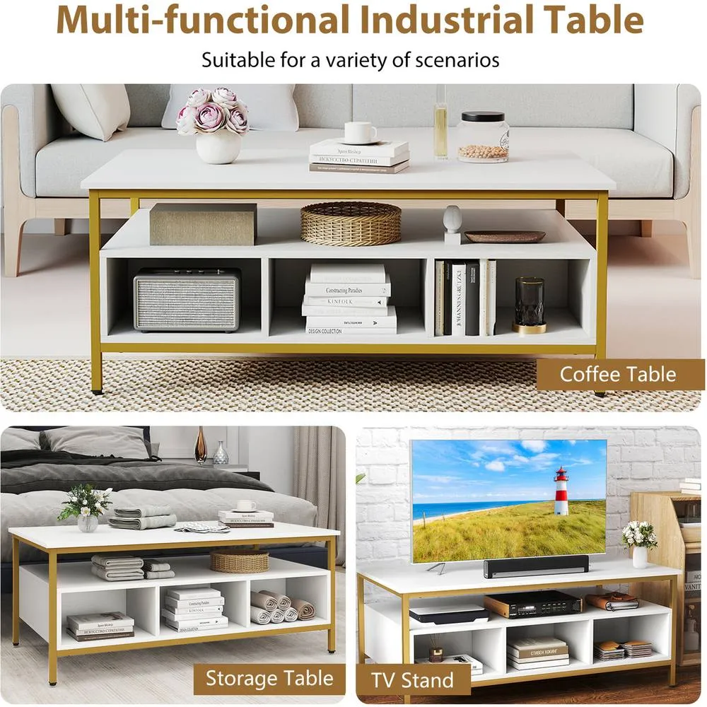 Costway Industrial 3-Tier Coffee Table Rectangular Center Table w/Shelf-White in White 3