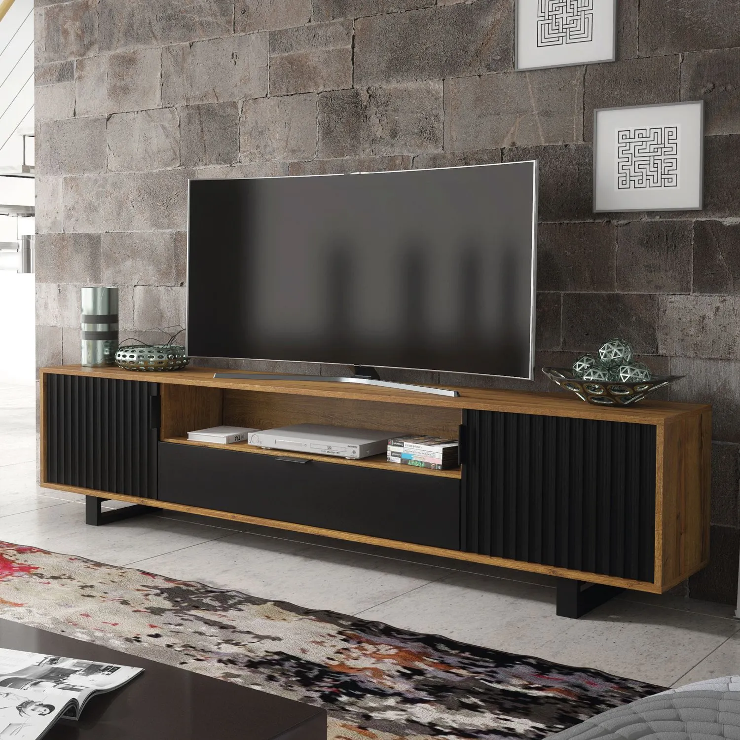 Creative Furniture Blackridge TV Unit 200cm - Dark Oak Body with Matte Black Fluted Fronts in Brown 6