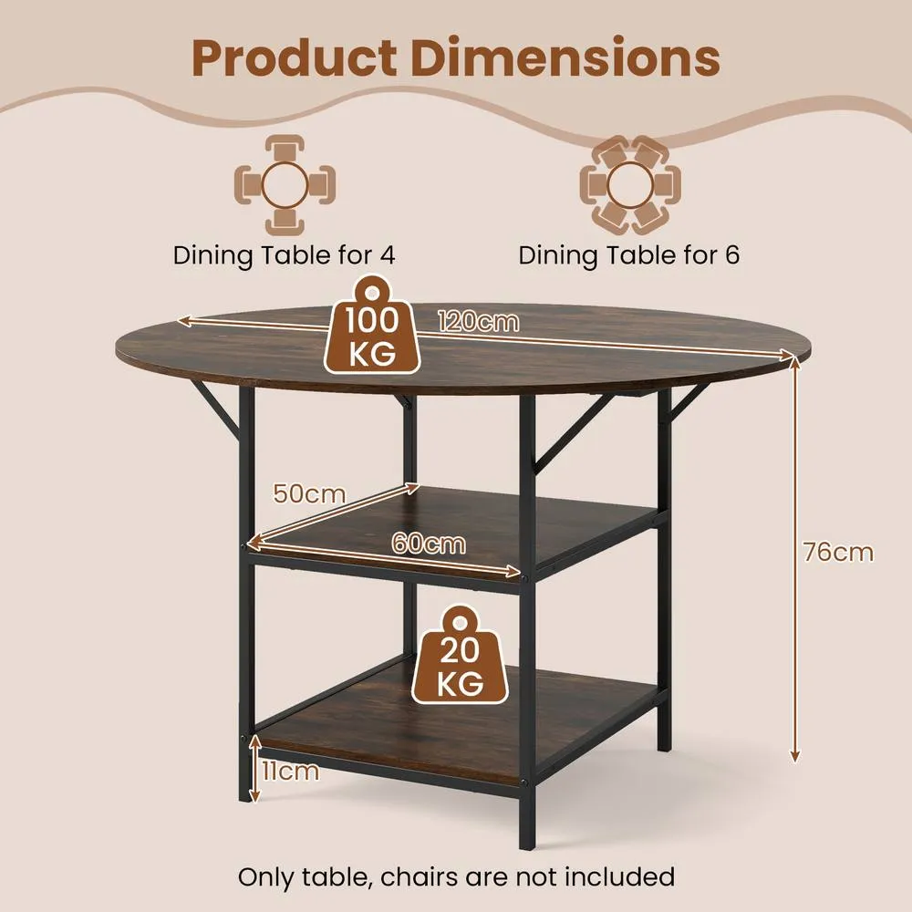Costway 120 CM Round Dining Table Modern Kitchen Table w/ 2 Storage Shelf in Brown 2