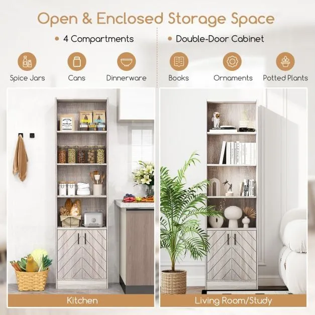 Costway 6-Tier Bookshelf 180cm Tall Bookcase w/4 Open Cubes & Double Doors Grey 5