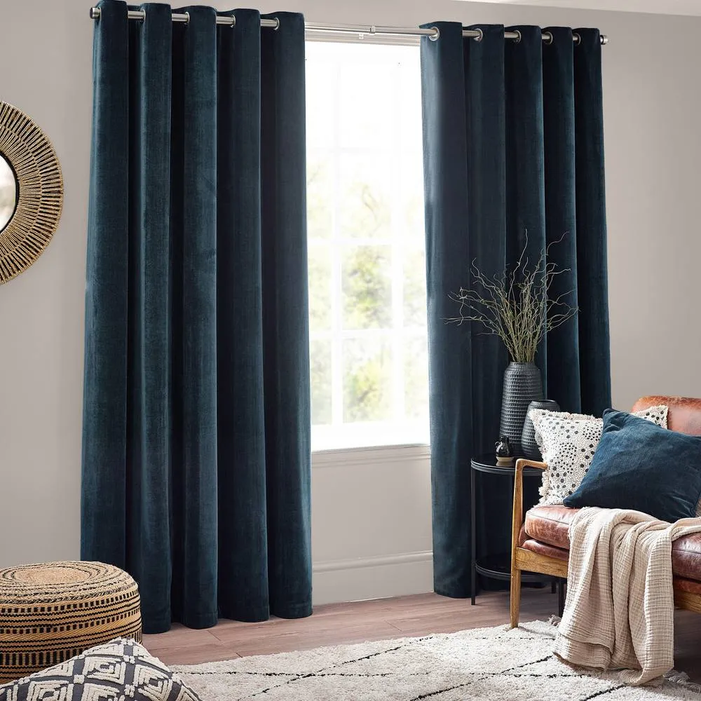 Yard Heavy Chenille Blackout Eyelet Curtain Pair in Navy 2