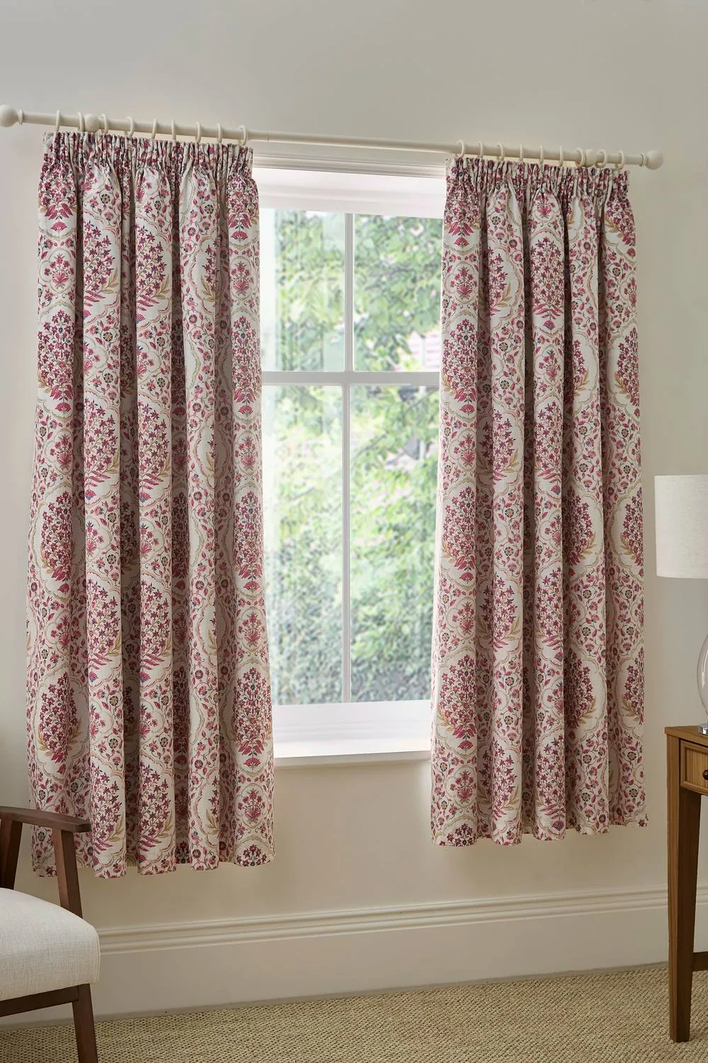 Dreams & Drapes 'Ashmead' Lined Damask Print Pair of Pencil Pleat Curtains in Dark Red