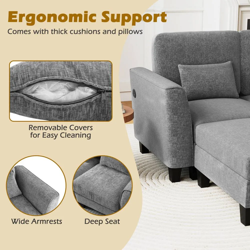 Costway Sectional Sofa with 2 Ottomans 4 Seat Sofa Set with Double Chaise in Grey 6