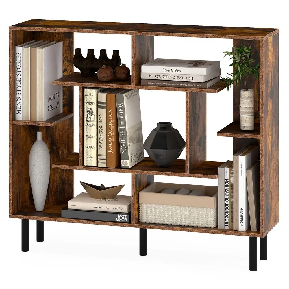 Costway Modern Geometric Bookcase Wooden Open Bookshelf Display Shelves in Brown 2