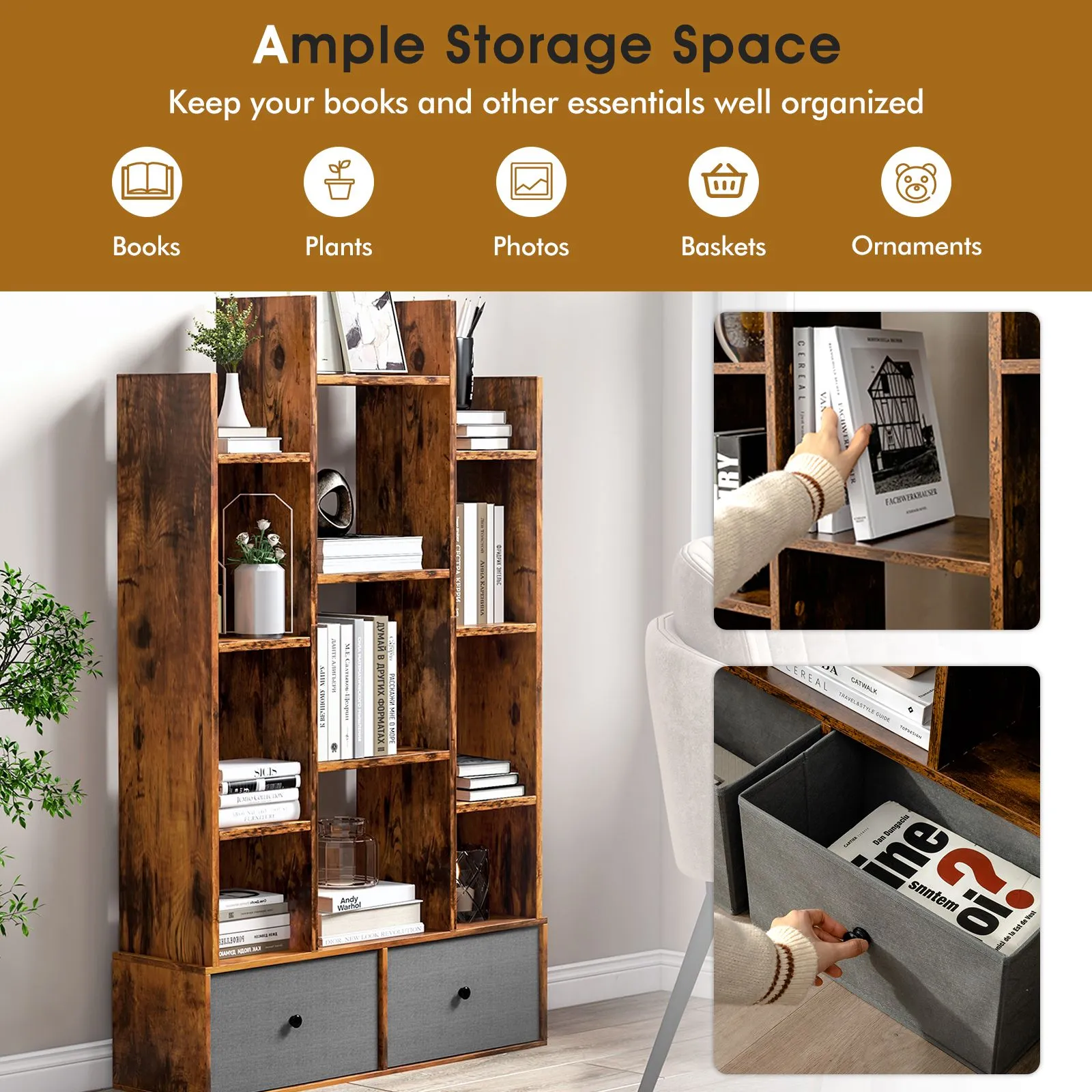Costway 12 Tier Bookshelf Open Storage Wood Bookcase Organizer Display Shelf in Brown 3