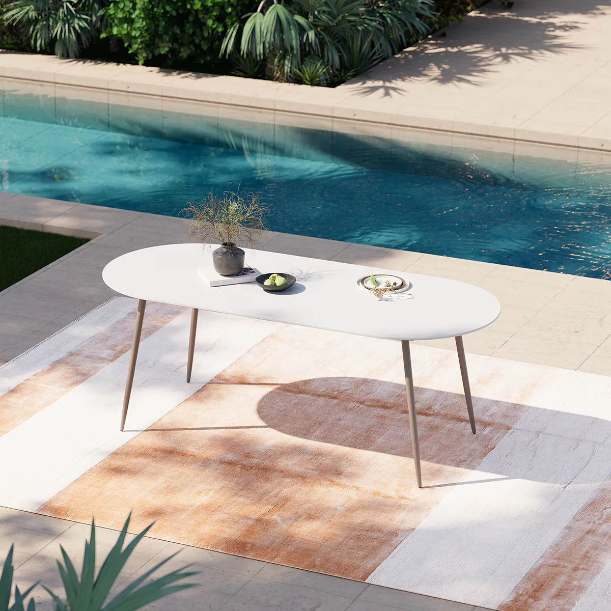 6-Person Oval Sintered Stone Top Outdoor Patio Dining Table in White (1801 mm Width)