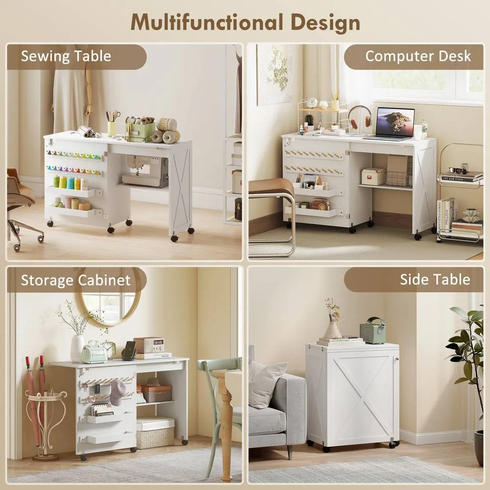 HOMCOM Folding Sewing Table, Craft Table with Storage compartments, White 6