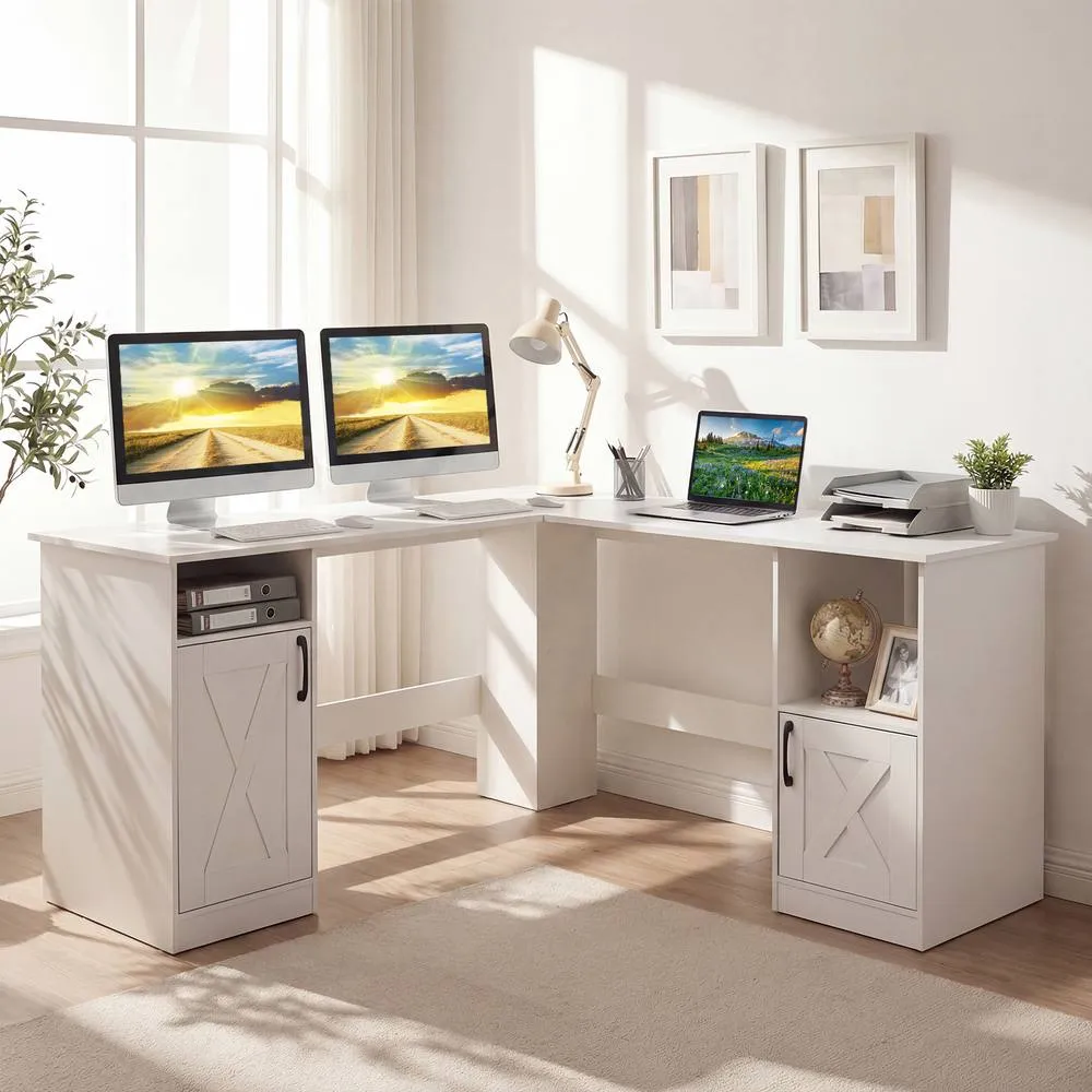 Costway 150 CM L Shaped Executive Desk with Charging Station in White
