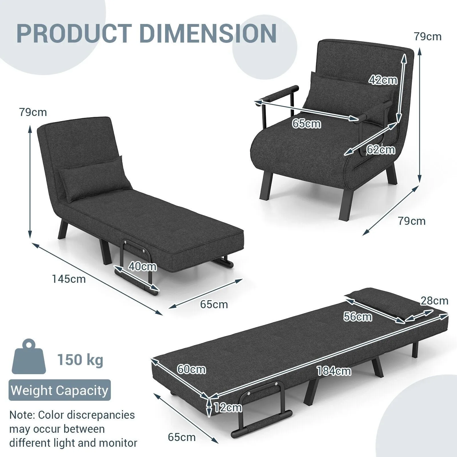 Costway Convertible Single Folding Sofa Bed Sleep Chair w/ 6 Positions Adjustable Backrest Dark Grey 2