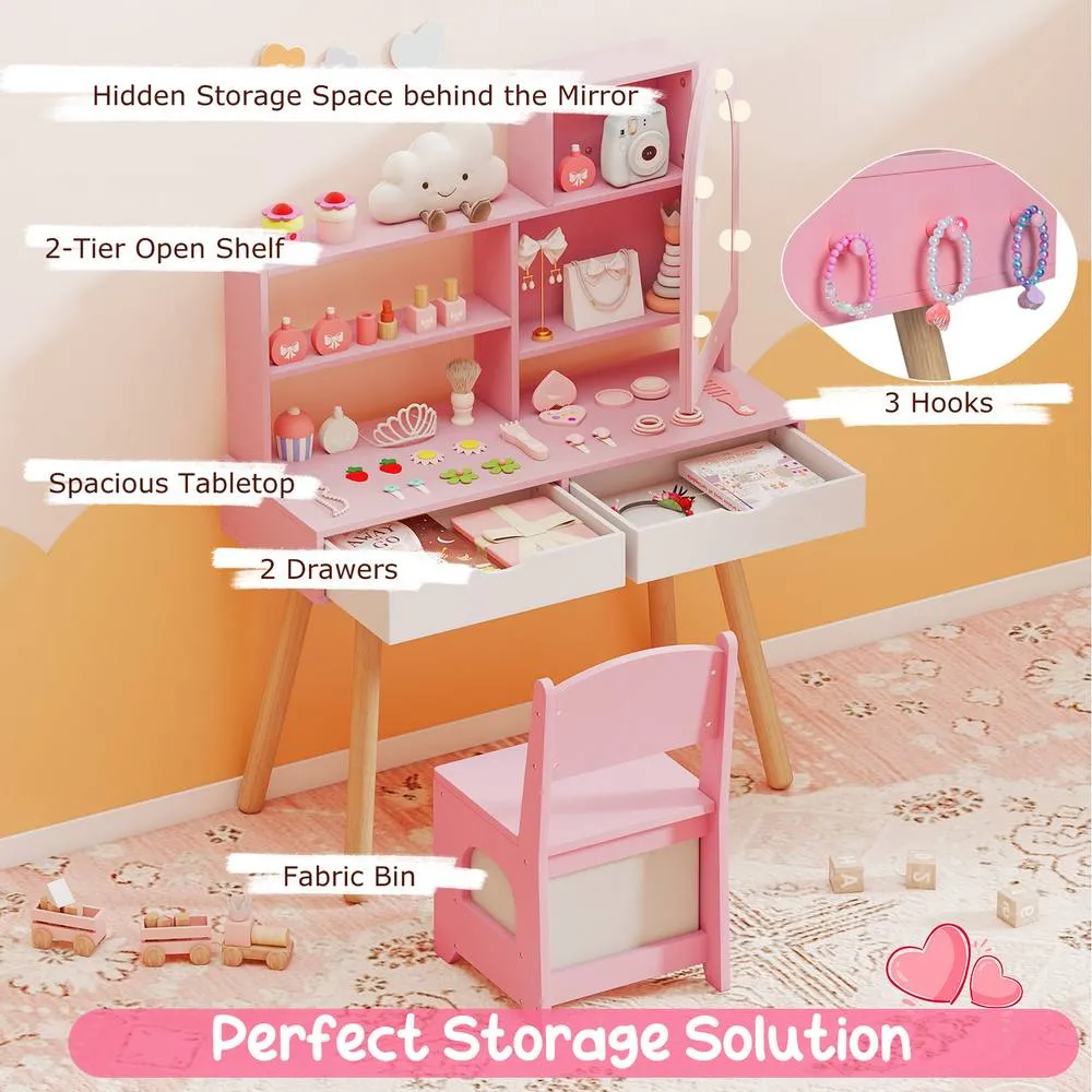Costway Pretend Play Dressing Table Set - Pink 6
