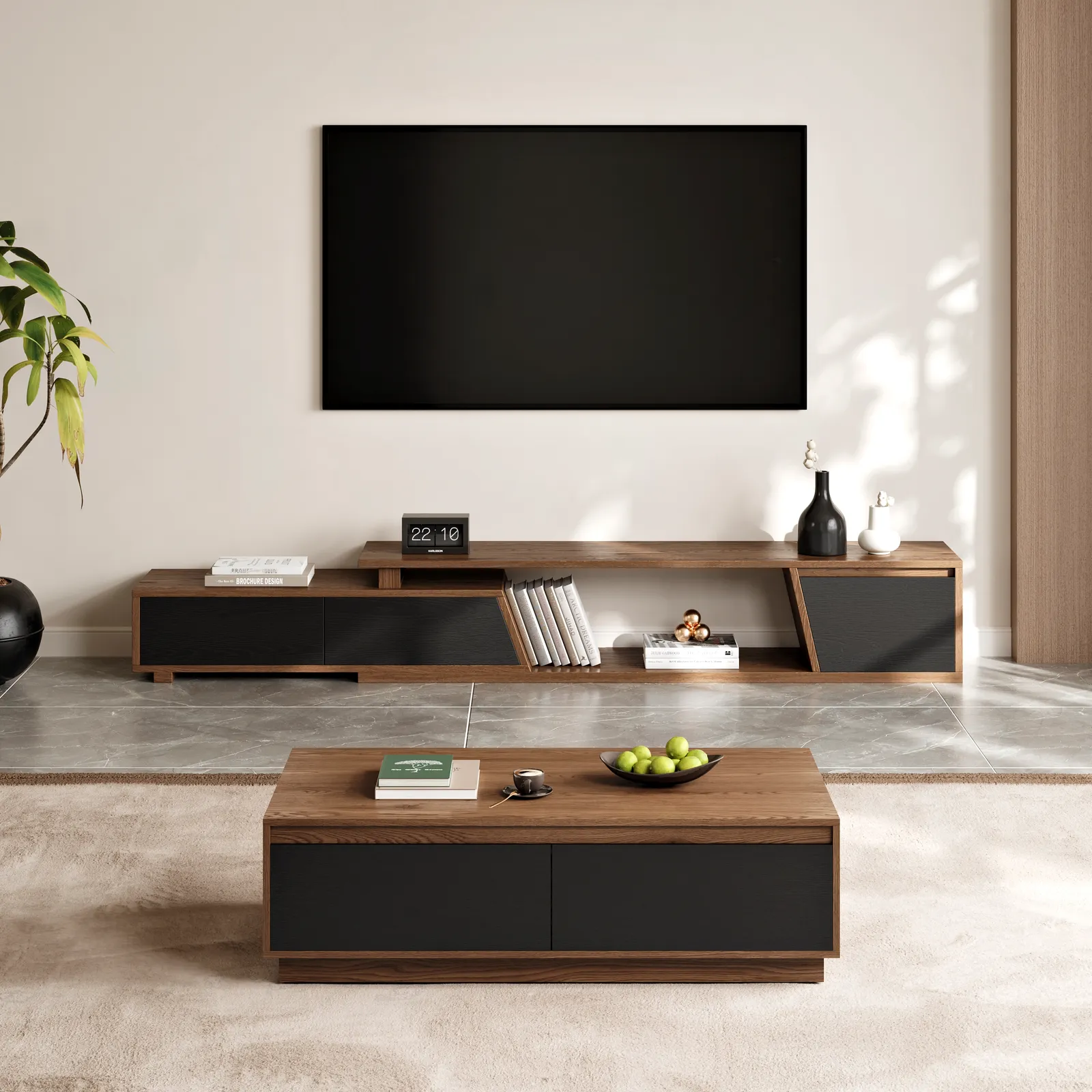 Fero Mid-Century Extendable TV Stand & Block Coffee Table Set