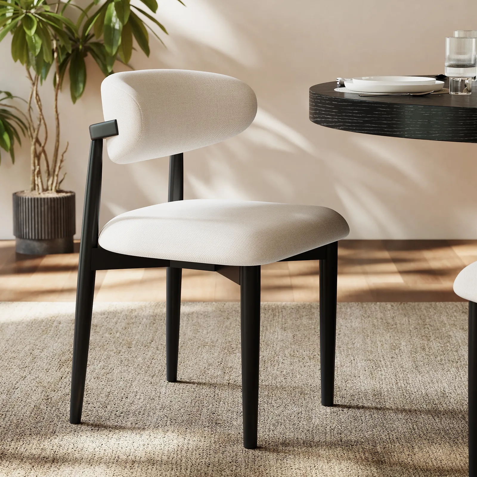 Modern Black Linen Dining Chair with Rubber Wood Legs, 1 Piece
