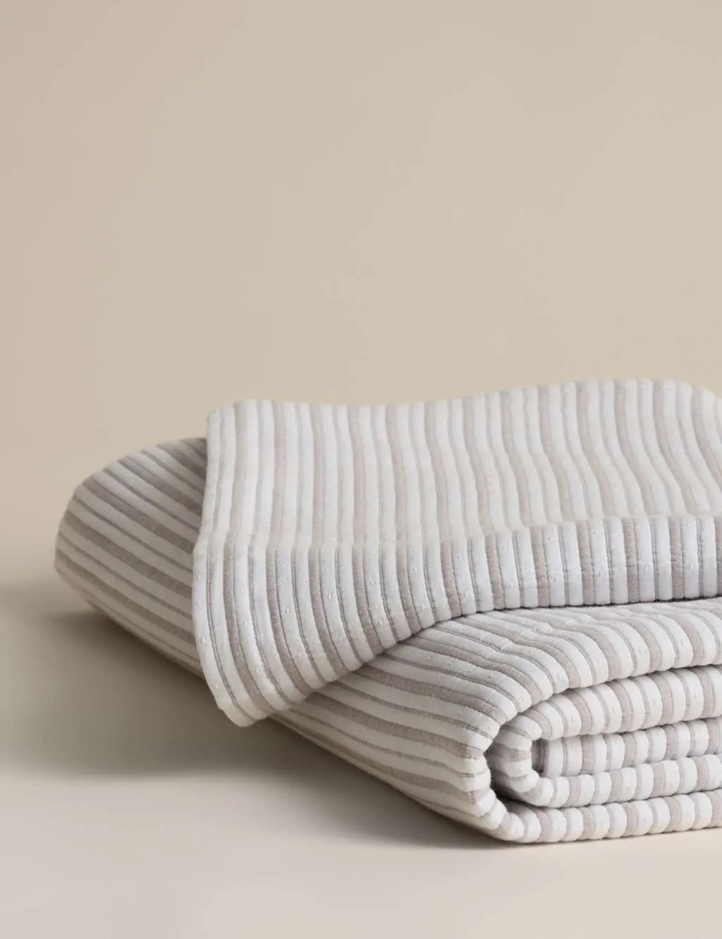 M&S Cotton Rich Striped Matelassé Bedspread Putty