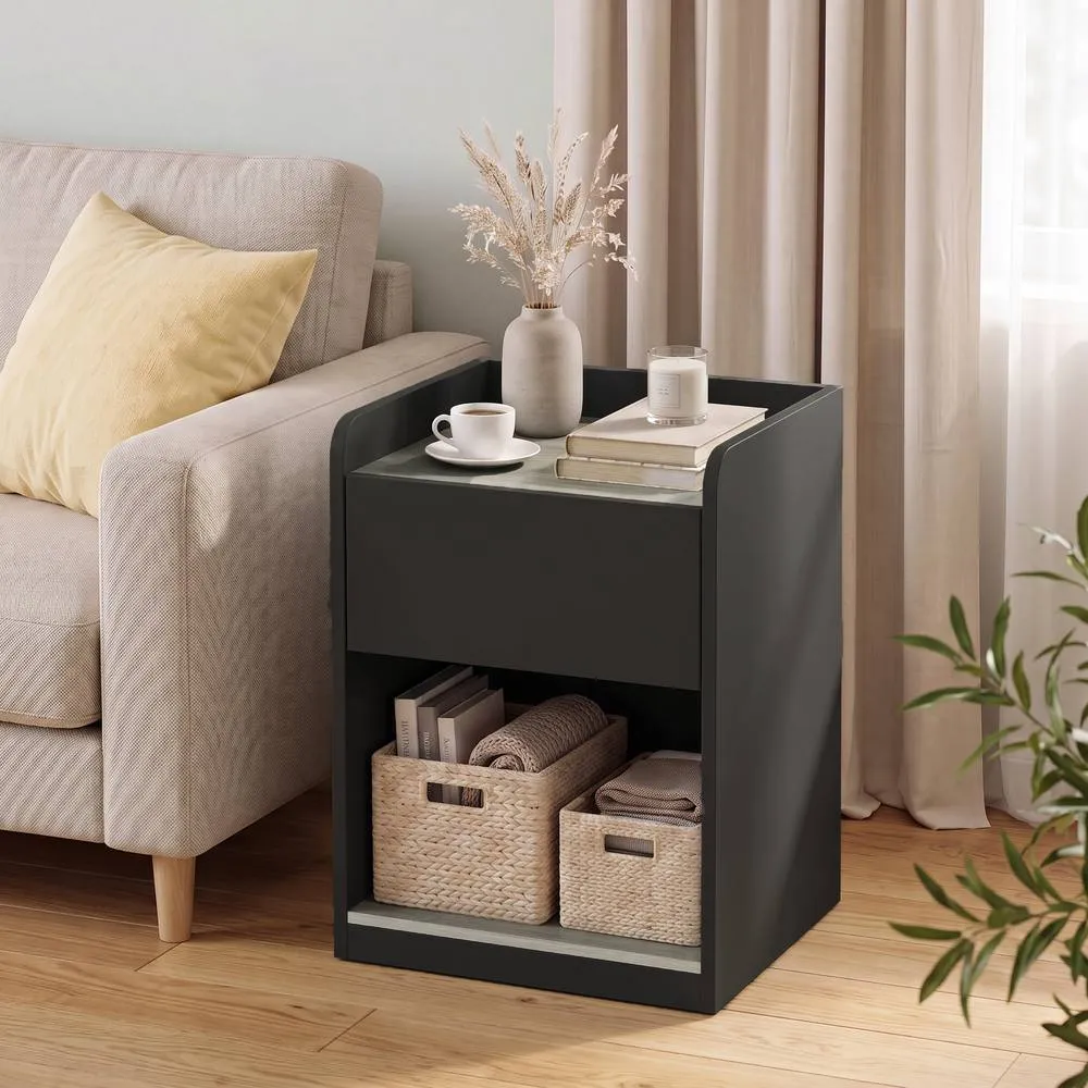 HOMCOM Bedside Table with Drawer & Open Shelf, Black & Grey Wood Effect 2