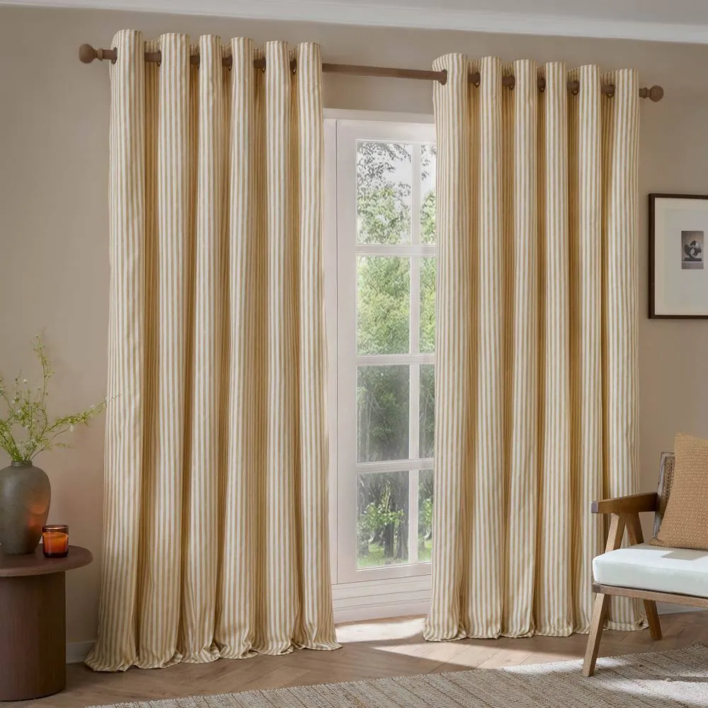 Yard Hebden Striped 100% Cotton Lined Eyelet Curtain Pair in Yellow 2
