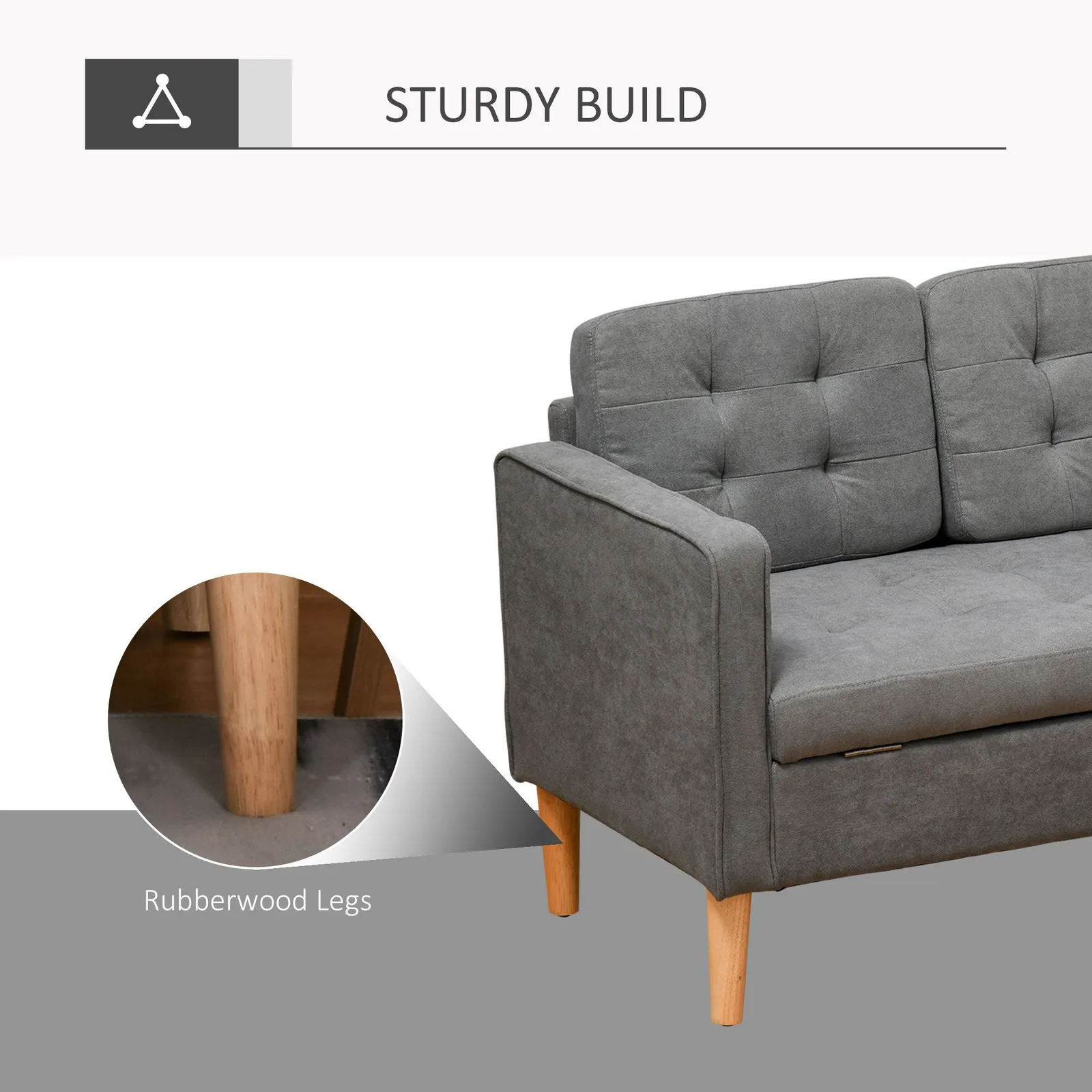 HOMCOM 3 Seater Sofa Button Tufted Fabric Couch Hidden Storage Rubberwood in Grey 6