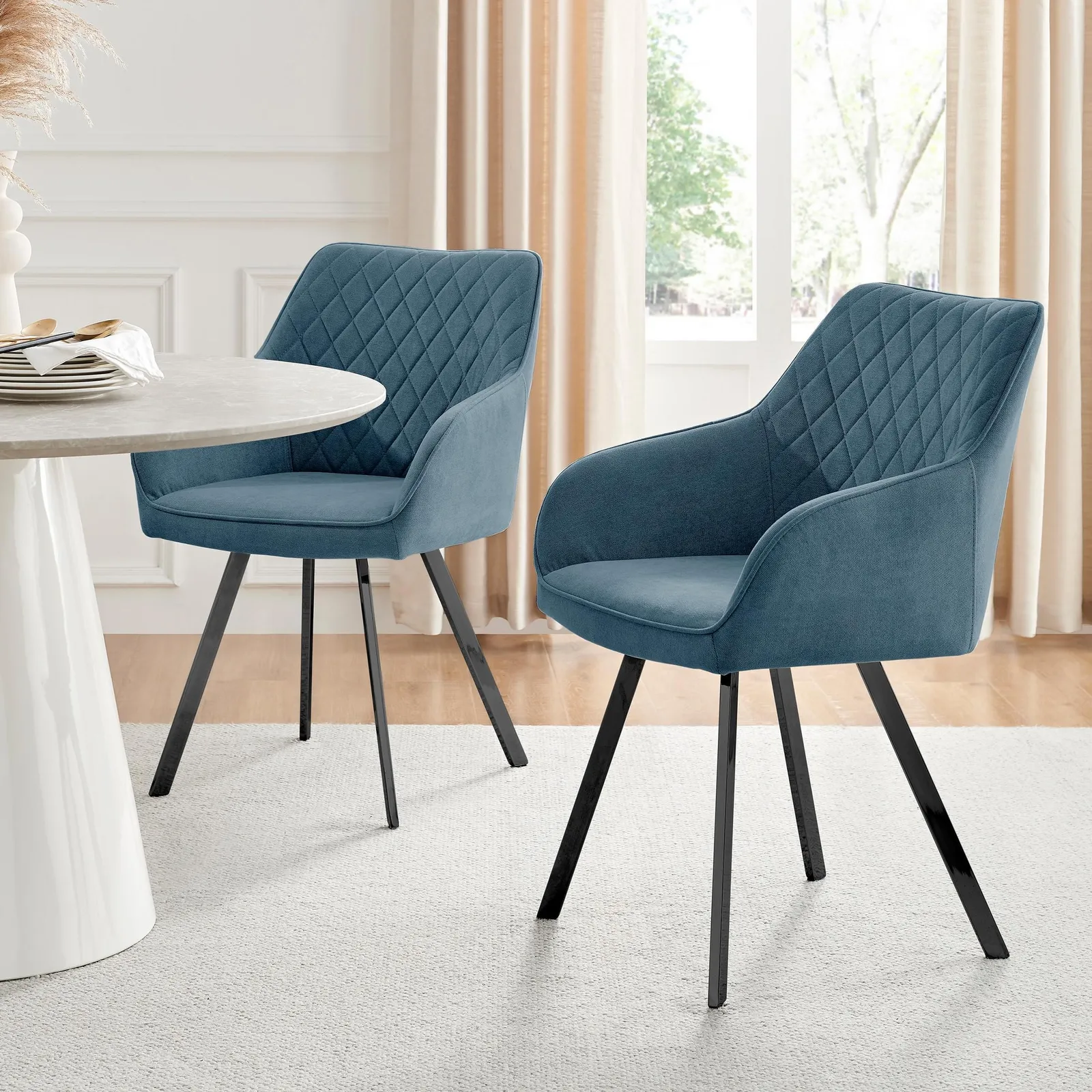 FurnitureboxUK Set of 2 Falun Deep Padded Dining Chairs Upholstered in Soft & Durable Fabric With Black Legs in Blue
