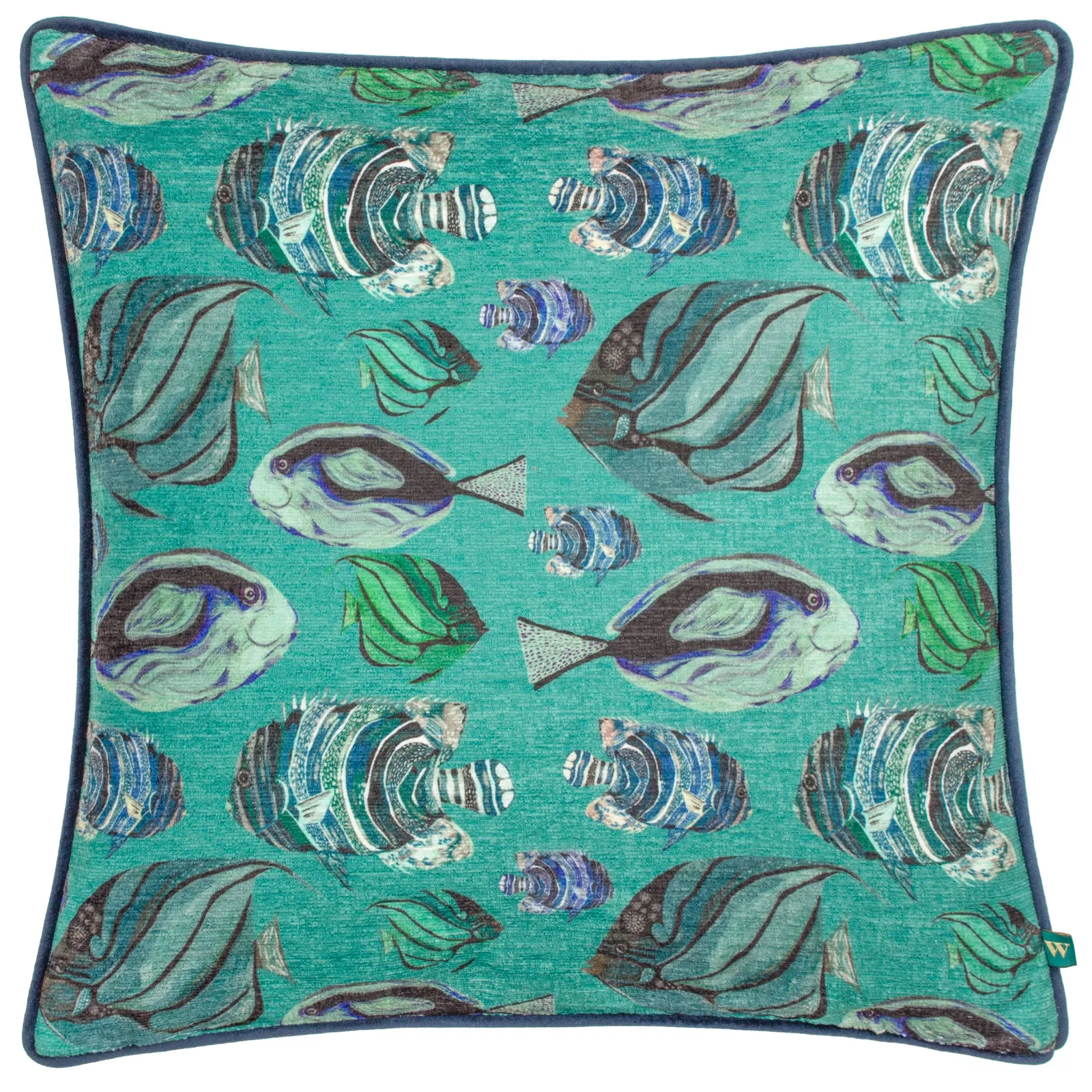 Wylder Tropics Abyss Fish Repeat Abstract Piped Cushion in Teal