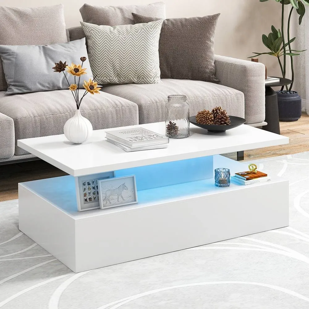 Costway Modern 2Tier Coffee Table Center Table w/ Adjustable LED light in White 3