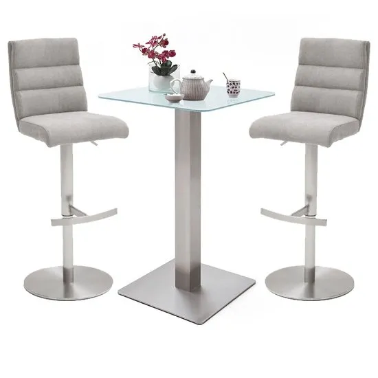 Soho White Glass Bar Table With 2 Hiulia Ice Grey Fabric Stools