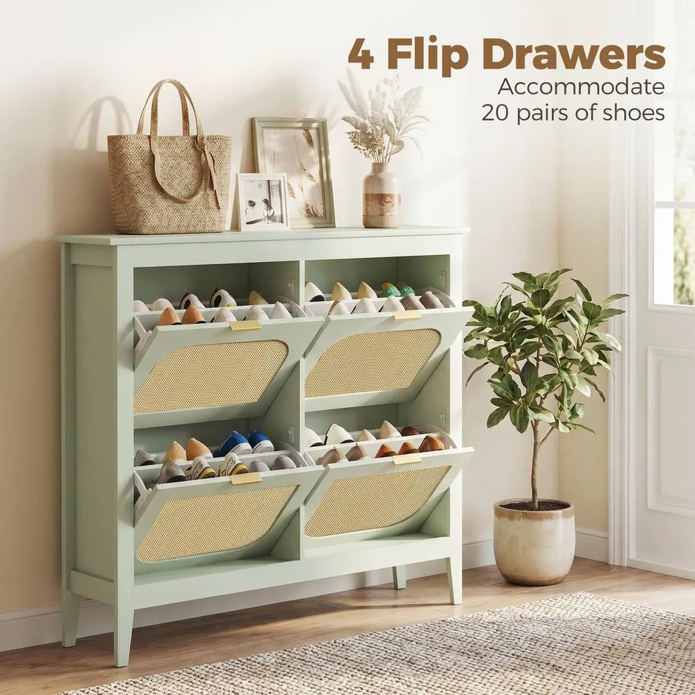 HOMCOM Boho Slim Shoe Cabinet with Rattan Doors, Holds 20 Pairs, Green in Light Green 6