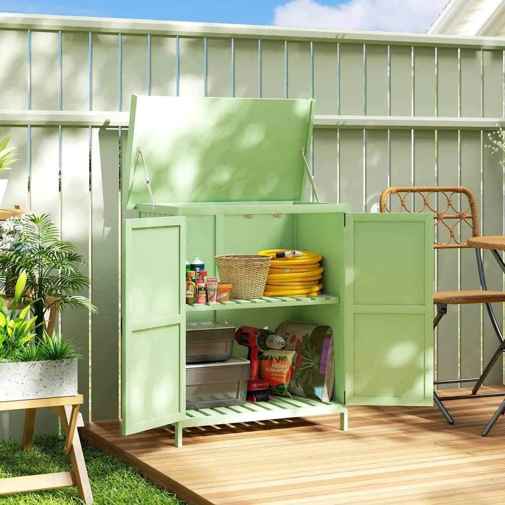 OUTSUNNY Wooden Garden Storage Shed w/Hinged Roof & Shelf, Light Green