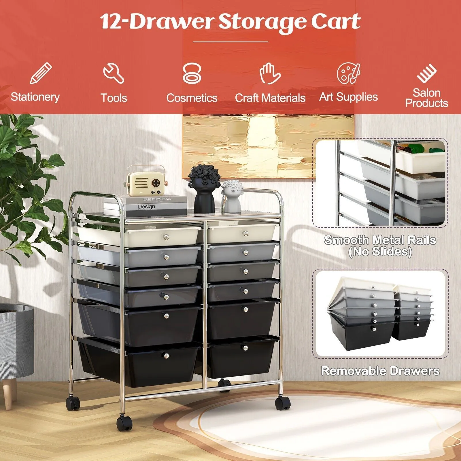 Costway 12 Drawer Rolling Storage Cart Office Lightweight Utility Cart w/Wheels in Black 4