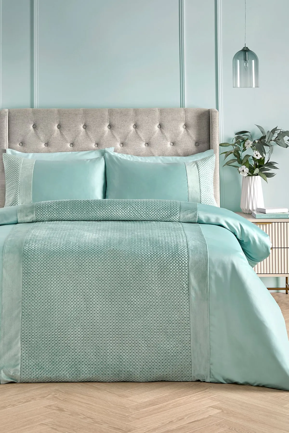 Soiree 'Iras' Luxury Quilted Detailing Duvet Cover Set in Duck Egg Blue