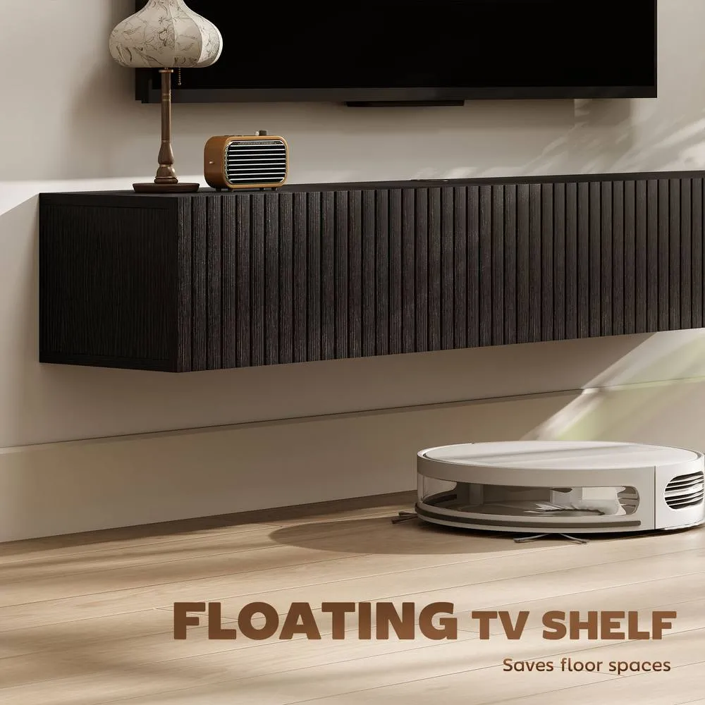 HOMCOM Wall Mount TV Stand Cabinet with Fluted Flip-Down Doors in Black 4